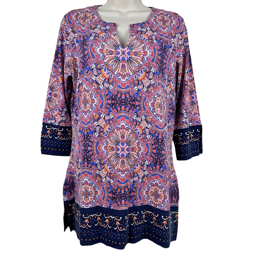 Coolibar St Bartz Tunic Top UPF 50+ 3/4 Sleeve Paisley Print Blue Pink S Outdoor